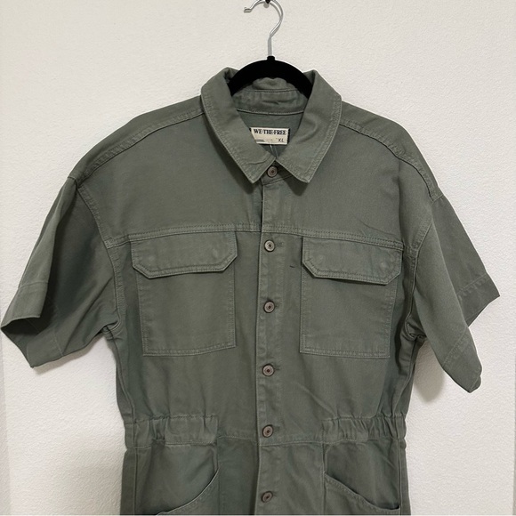 Free People Marci Denim Jumpsuit Collared Short Sleeves Sage Green Size XL Women - Picture 3 of 12